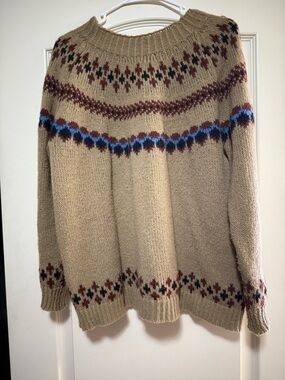 Men's Tan Fair Isle Crewneck Sweater with Blue Accent